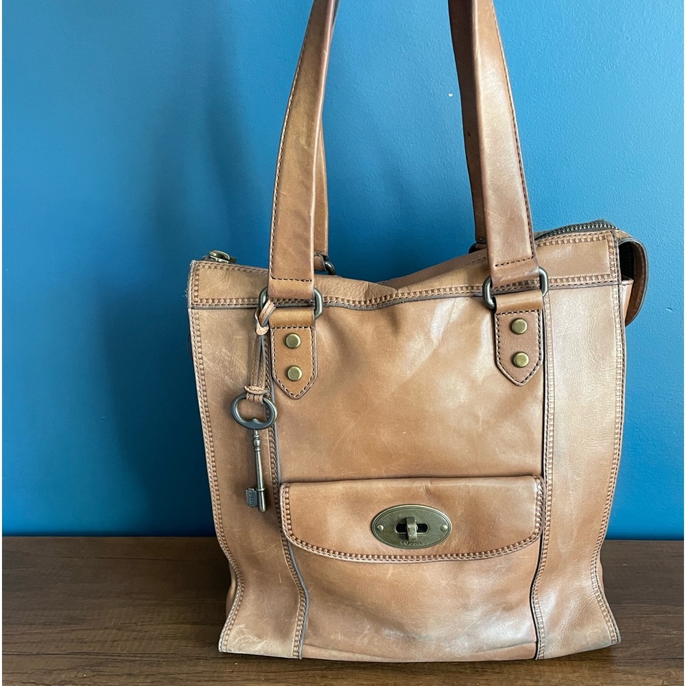 Genuine FOSSIL Vintage Tan Leather Weekender Tote Bag Large Purse Travel Bag